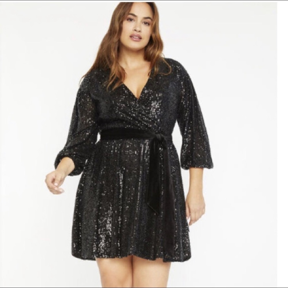 ELOQUII Sequin Velvet Belted Black Dress